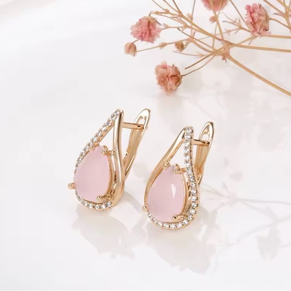 Pink Natural Zircon Water Drop Earrings For Women Luxury 585 Rose Gold - Picture 5 of 5